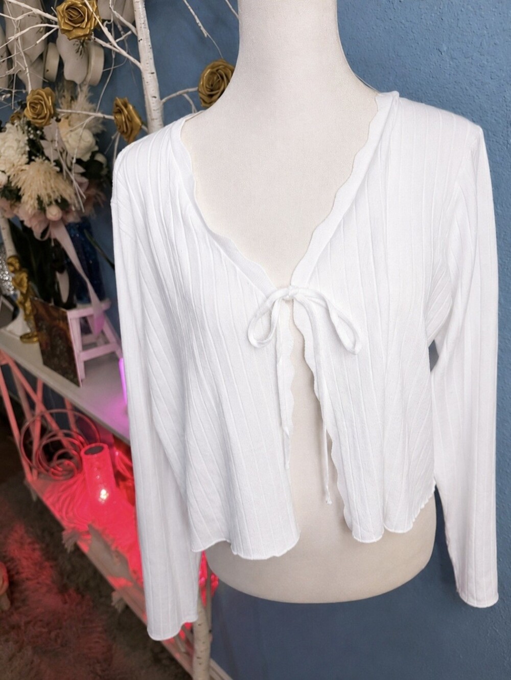 NEW Shein White Ribbed Tie-Front Bow Cardigan Lettuce Scalloped Edge XL